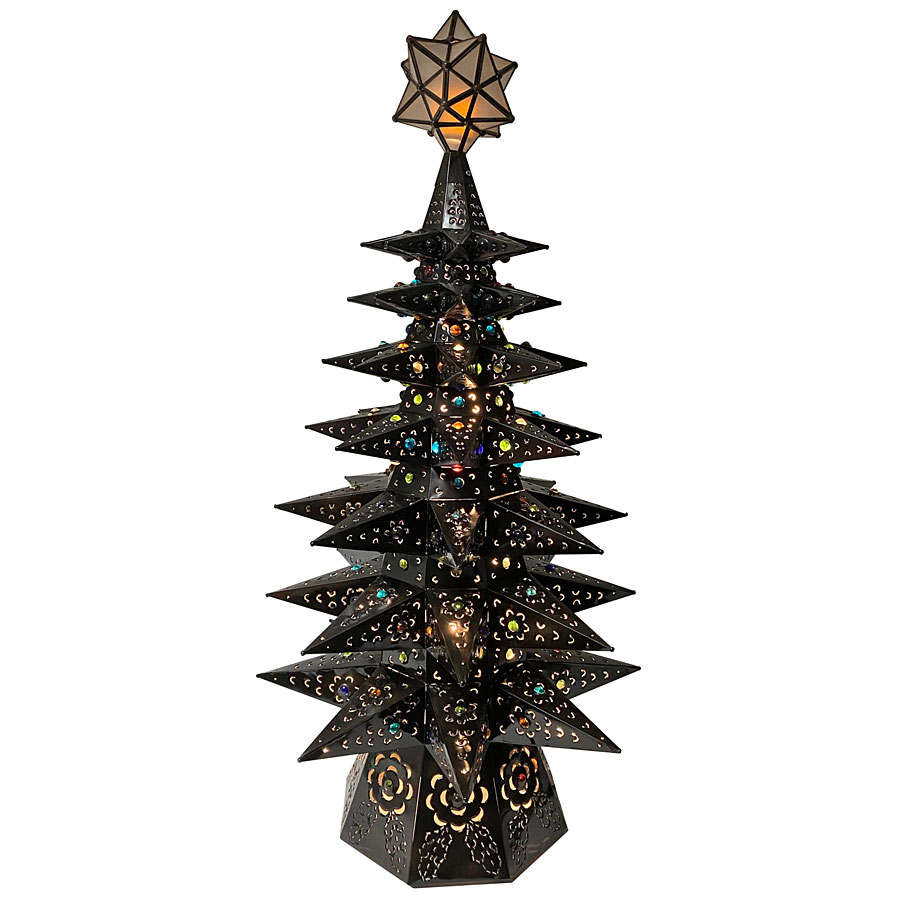 Lighted Punched Tin Star Christmas Tree with Marbles - Aged Tin