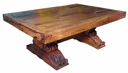 Massive Mesquite Coffee Table with Carved Trestle Base 