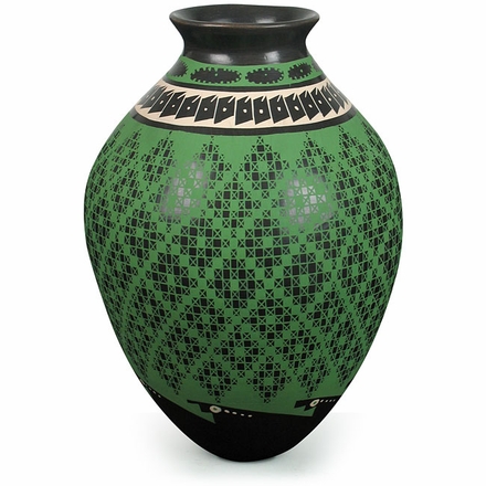 Mata Ortiz Green Geometric Pattern Vase