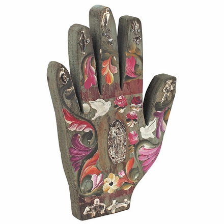 Medium Mexican Folk Art Painted Wood Hand with Milagros