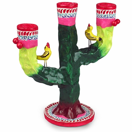 Medium Painted Clay Saguaro Candlesticks - Set of 2