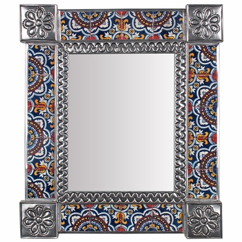 Medium Rectangular Mexican Tin Mirror with Talavera Tile Insets - 13