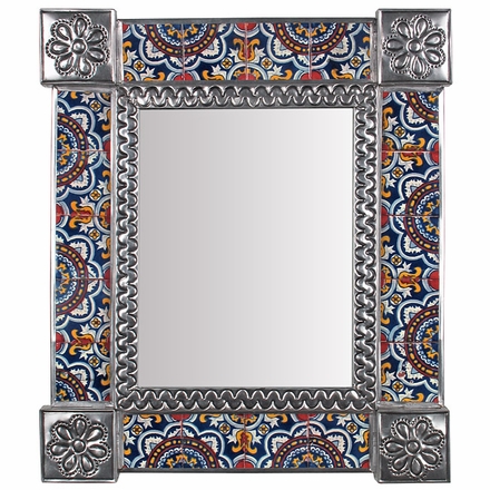 Medium Rectangular Mexican Tin Mirror with Talavera Tile Insets - 13