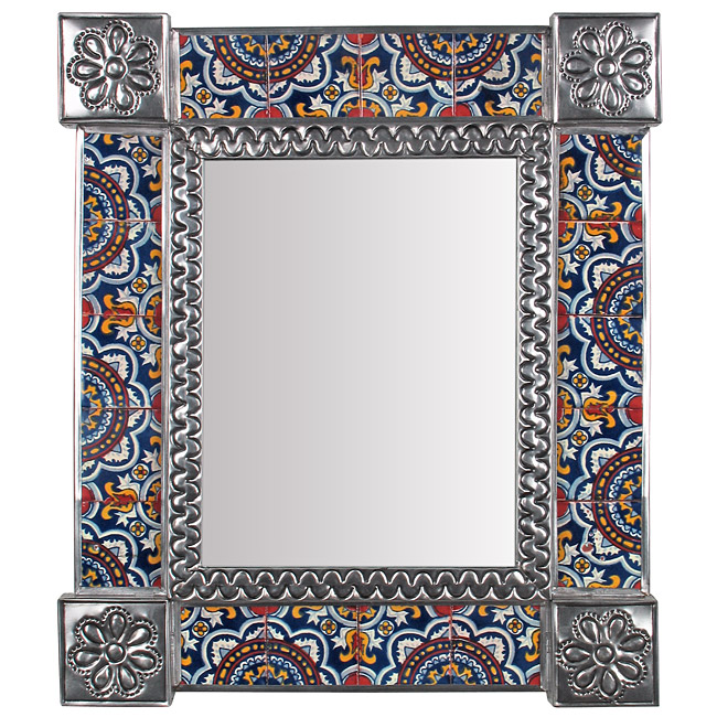 Medium Rectangular Mexican Tin Mirror with Talavera Tile Insets - 13" x 15.25