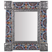 Medium Rectangular Mexican Tin Mirror with Talavera Tile Insets - 13" x 15.25"