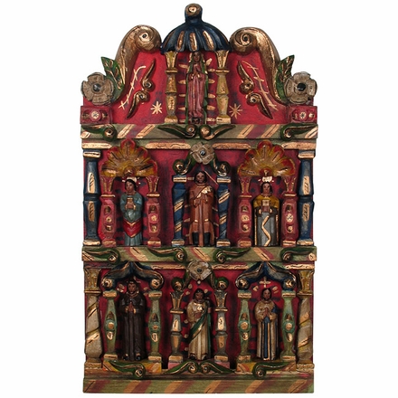 Medium Wooden Retablo with Hand Carved and Painted Religious Figures