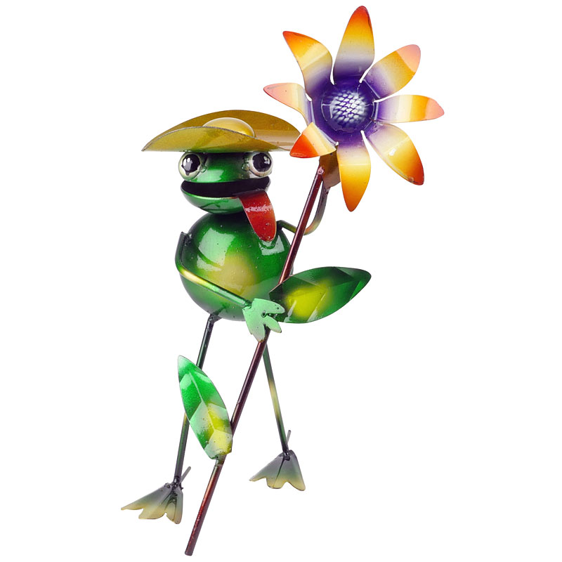 Metal Frog With Flower Sculpture Garden Decor