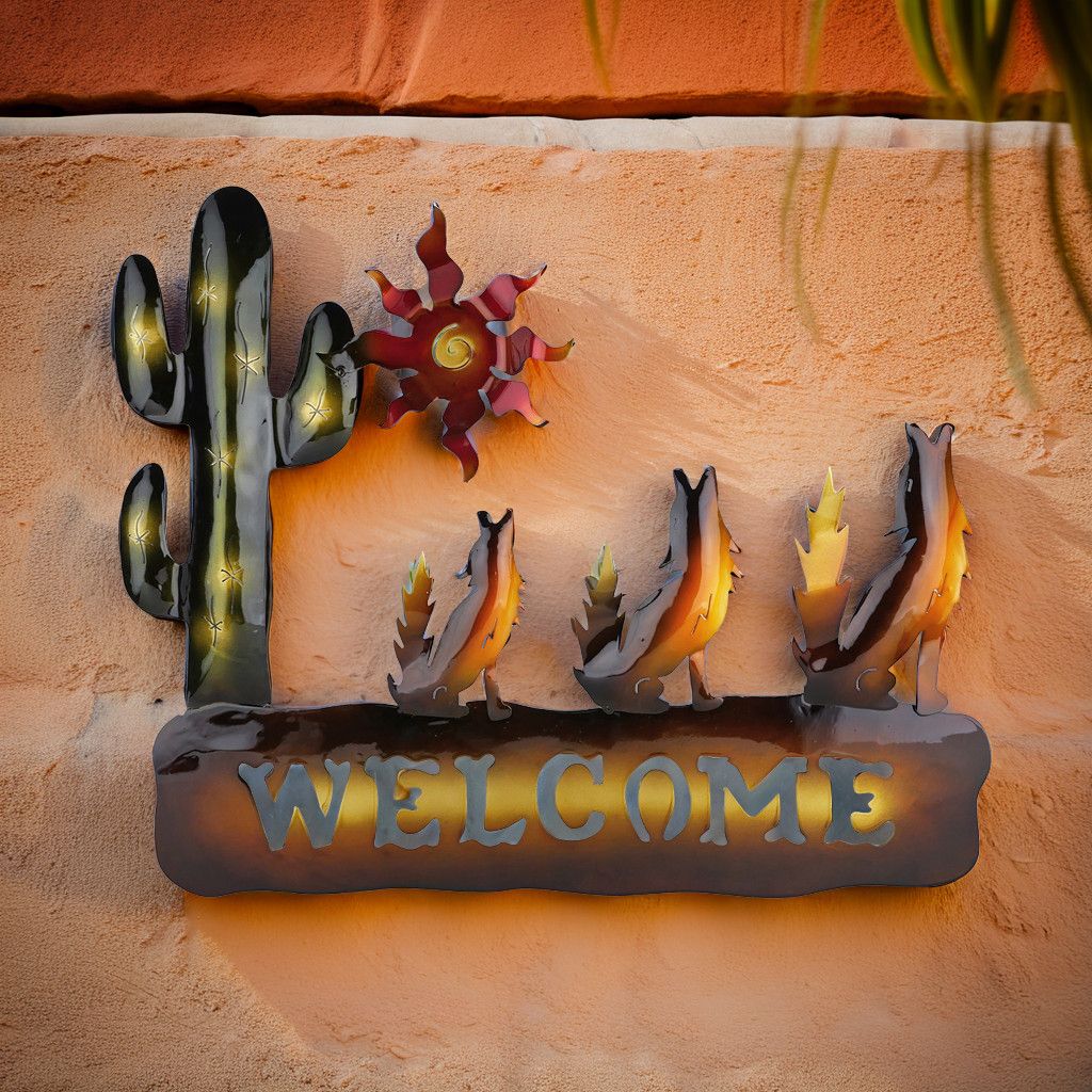 3D Metal Howling Coyote & Desert Scene Welcome Wall Art