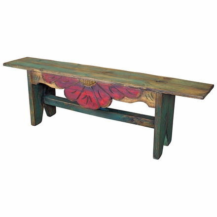 Mexican Carved Floral Painted Rustic Wood Bench