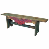 Mexican Carved Floral Painted Rustic Wood Bench