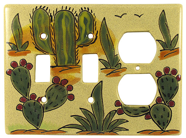 Mexican Ceramic Double Switch And Outlet Cover - Cactus