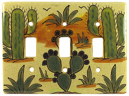 Mexican Ceramic Triple Switch Plate - Cactus