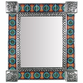 Mexican Decorative Tin Wall Mirror with Talavera Tile Insets - 15" x 17"