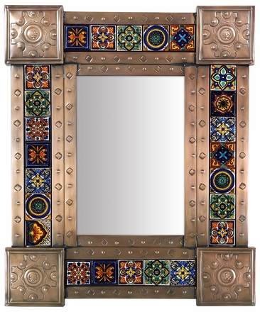Mexican Embossed Tin Mirror With Mixed Talavera Tile  - 20