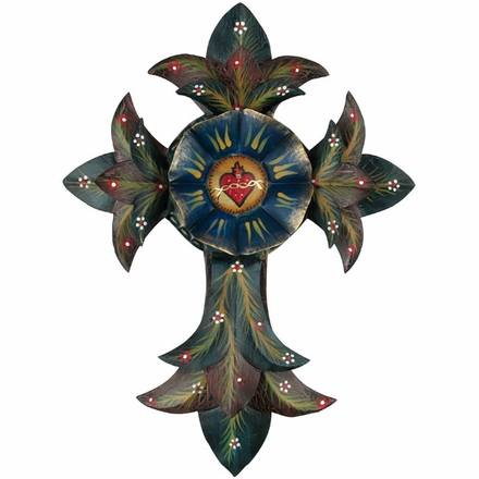 Mexican Fleur de Lis Painted Tin Cross