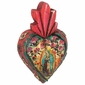 Mexican Folk Art Carved Painted Wood Fiery Heart with Milagros