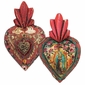 Mexican Folk Art Carved Painted Wood Fiery Heart with Milagros