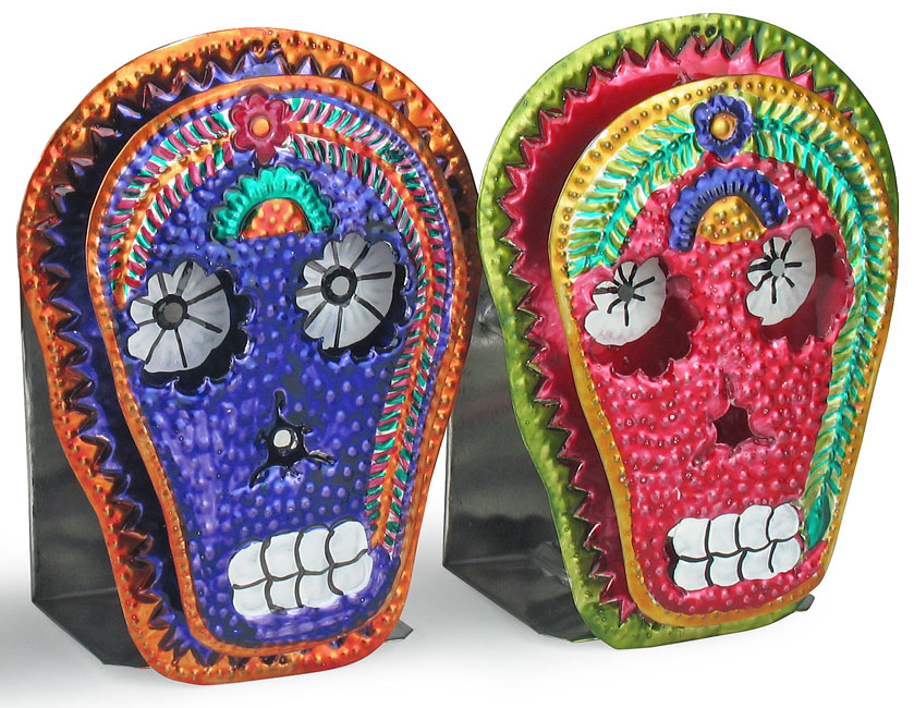 Mexican Folk Art Painted Tin Skull Candle Sconce - Set of 2