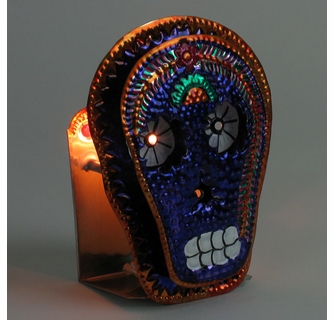Mexican Folk Art Painted Tin Skull Candle Sconce - Set of 2