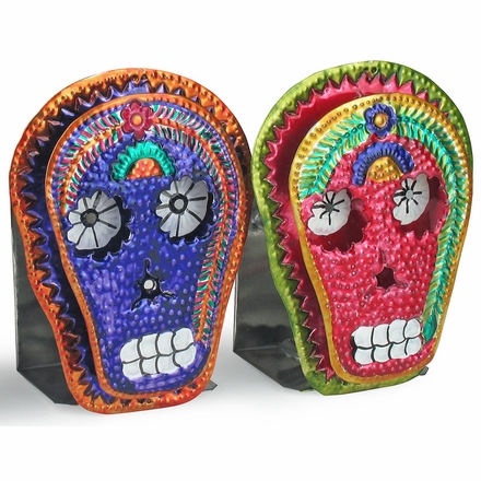 Mexican Folk Art Painted Tin Skull Candle Sconce - Set of 2