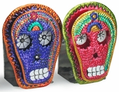 Mexican Folk Art Painted Tin Skull Candle Sconce - Set of 2