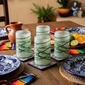 Mexican Hand Blown Glass Tumblers - Green-White Confetti With Raised Web  - Set of 4