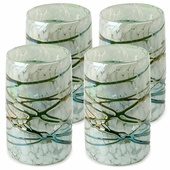 Mexican Hand Blown Glass Tumblers - Green-White Confetti With Raised Web  - Set of 4