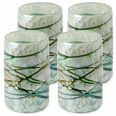 Mexican Hand Blown Glass Tumblers - Green-White Confetti With Raised Web  - Set of 4