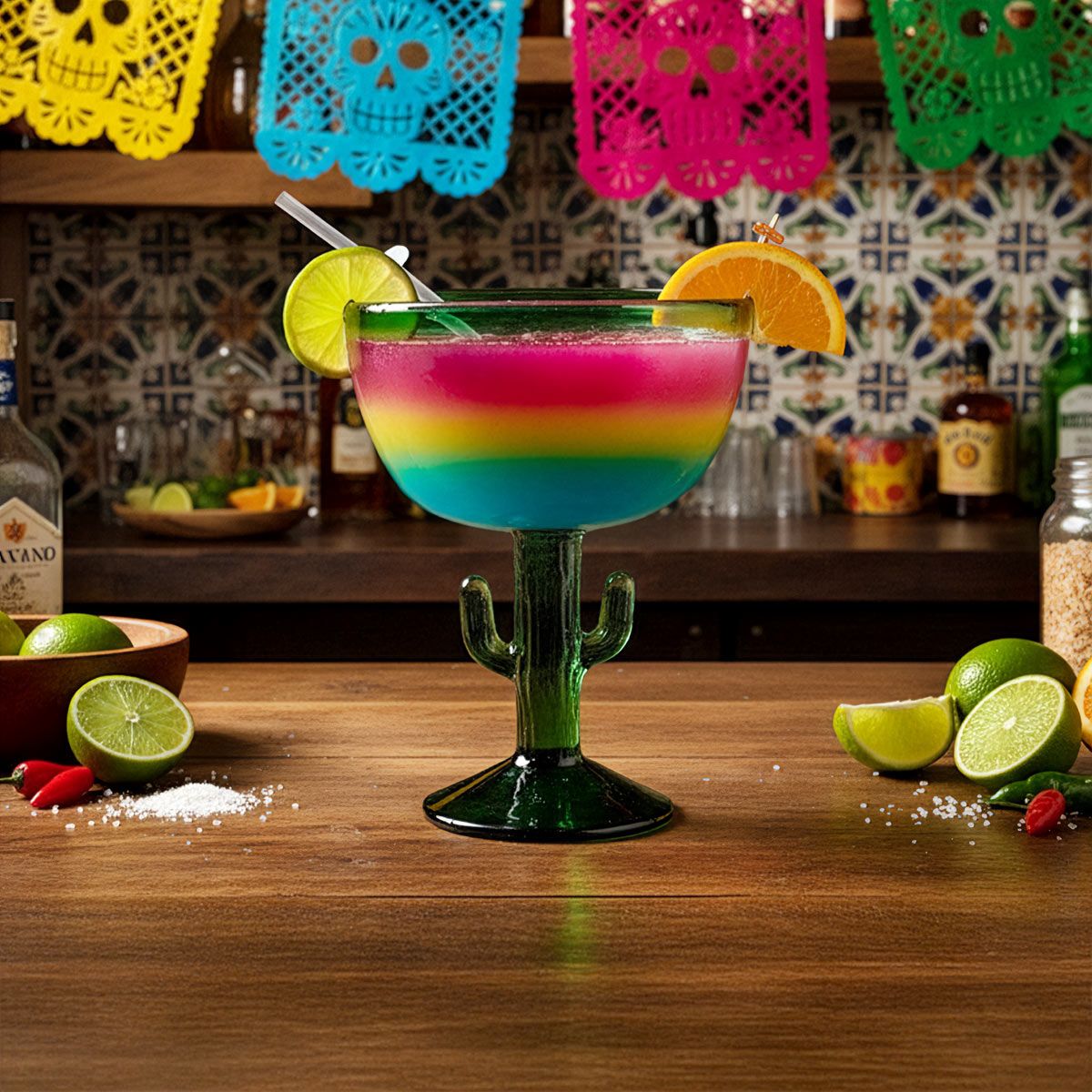 Mexican Margarita Glasses with Saguaro Cactus Stem - Set of 4
