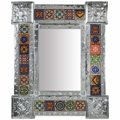 Mexican Natural Tin Mirror With Mixed Talavera Tiles - 20" x 24"