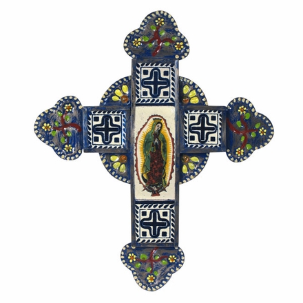 Mexican Painted Tin and Tile Virgin Wall Cross