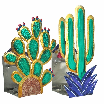 Mexican Painted Tin Cactus Candle Sconces - Set of 2