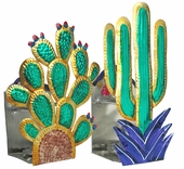 Mexican Painted Tin Cactus Candle Sconces - Set of 2