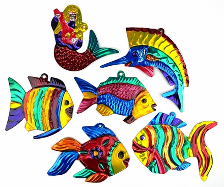 Mexican Painted Tin Fish & Mermaid Ornaments - Set of 6