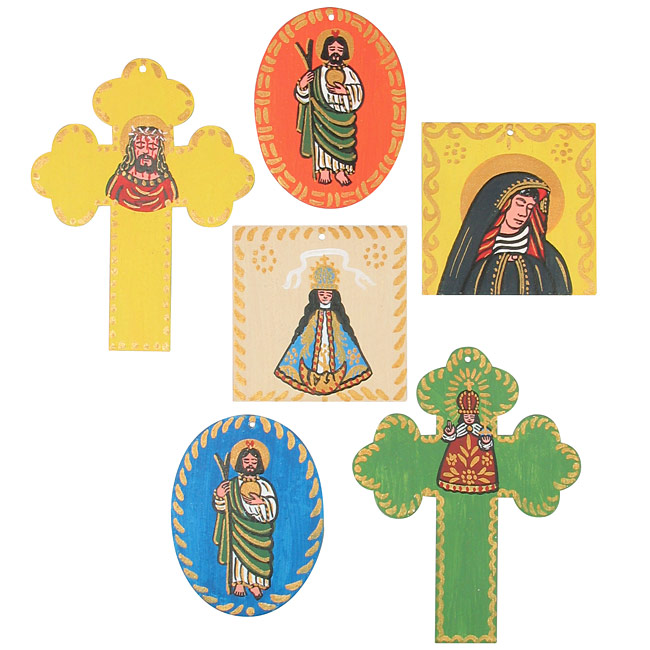 Mexican Folk Art Painted Tin Ornaments with Religious Figures Set of Two