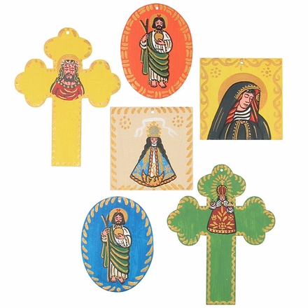 Mexican Painted Tin Religious Ornaments - Set of Two