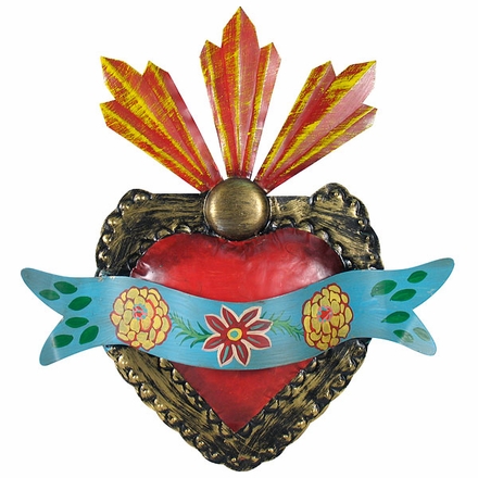 Mexican Painted Tin Ribbon Sacred Heart 3D Wall Art