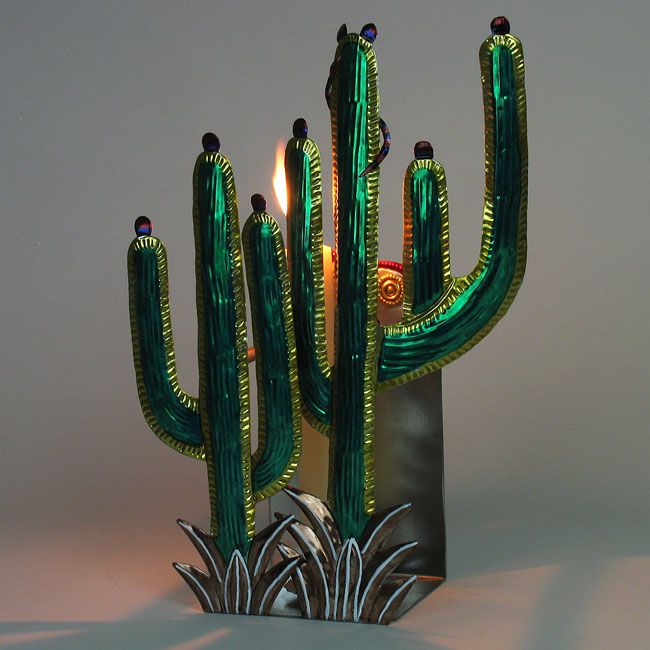 Mexican Painted Tin Saguaro Candle Sconce Mexican Tin Folk Art