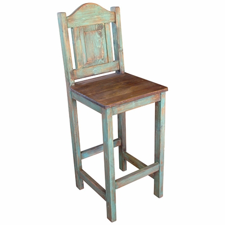 Mexican Painted Wood Bar Stool with Metal Panel on Back