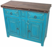 Mexican Painted Wood Buffet Cabinet - Turquoise with Iron Accents