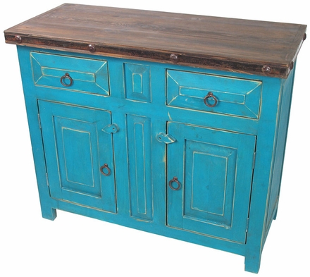 Mexican Painted Wood Buffet Cabinet - Turquoise with Iron Accents