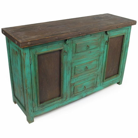 Mexican Painted Wood Buffet with Iron Door Panels - Green