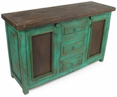 Mexican Painted Wood Buffet with Iron Door Panels - Green