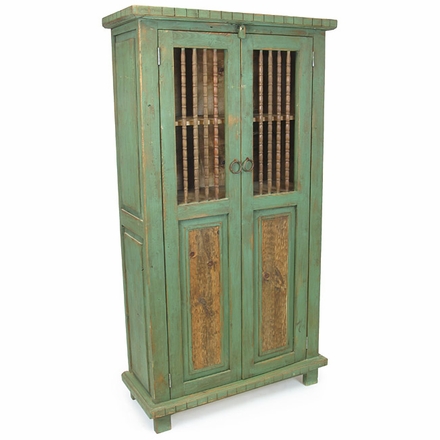 Mexican Painted Wood Cabinet with Spindle Doors - Green