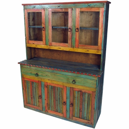 Mexican Painted Wood China Cabinet with Glass