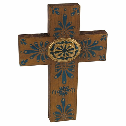 Mexican Painted Wood Cross with Oval Tin