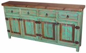 Mexican Painted Wood Green and Natural Buffet - 4 Doors - 4 Drawers