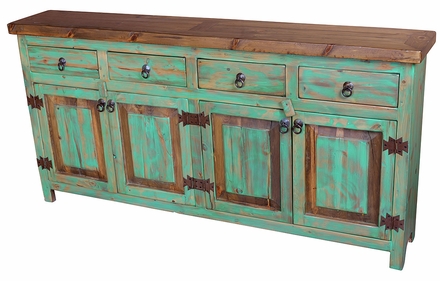 Mexican Painted Wood Green and Natural Buffet - 4 Doors - 4 Drawers