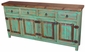 Mexican Painted Wood Green and Natural Buffet - 4 Doors - 4 Drawers