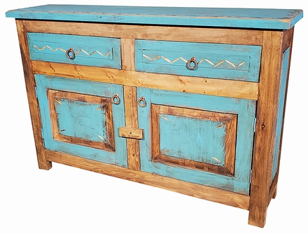 Mexican Painted Wood Turquoise and Natural Buffet - 2 Doors - 2 Drawers
